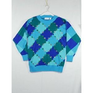 VTG Retro Eddie Dassin Argyle Sweater Women M Jewel Gem Studs Blue Green Silver